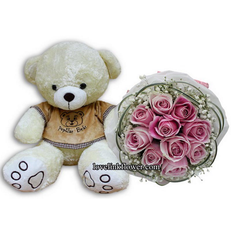 ตุ๊กตาสีขาว และช่อดอกไม้สีชมพูหวาน ช่อดอกไม้ Bu 113 น้องหมีรักแท้