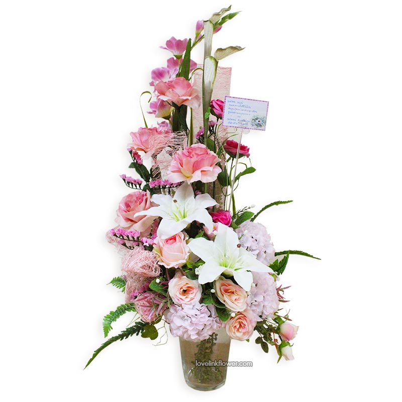 แจกันดอกไม้ประดิษฐ์ ส่งสีลม และทั่วกรุงเทพ แจกันสำเร็จอย่างสวยงาม ดอกไม้ประดิษฐ์ At 24