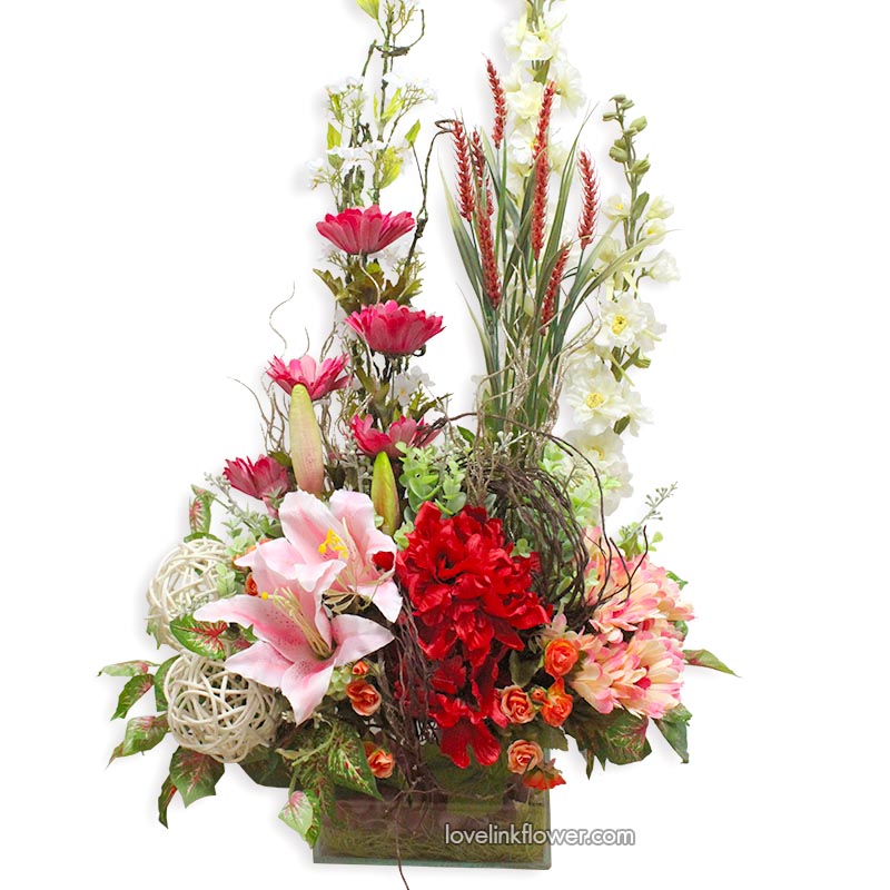 แจกันดอกไม้ประดิษฐ์ ส่งชิดลม และทั่วกรุงเทพ แจกันดอกไม้ อวยพรให้โชคดี ดอกไม้ประดิษฐ์ At 10