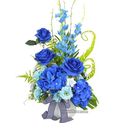 แจกันดอกไม้ประดิษฐ์ ดอกกุหลาบสีน้ำเงิน